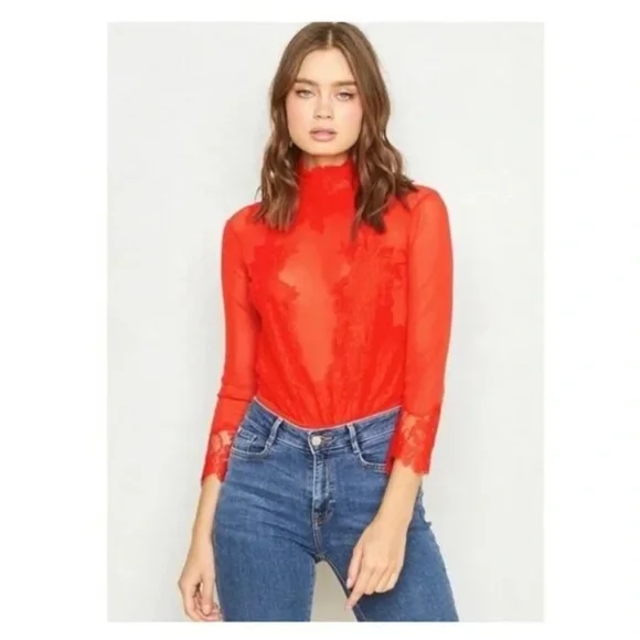 NWT $148 Free People Take HAH Bow Bodysuit Large Red Sheer Lace S L XL - Picture 4 of 11